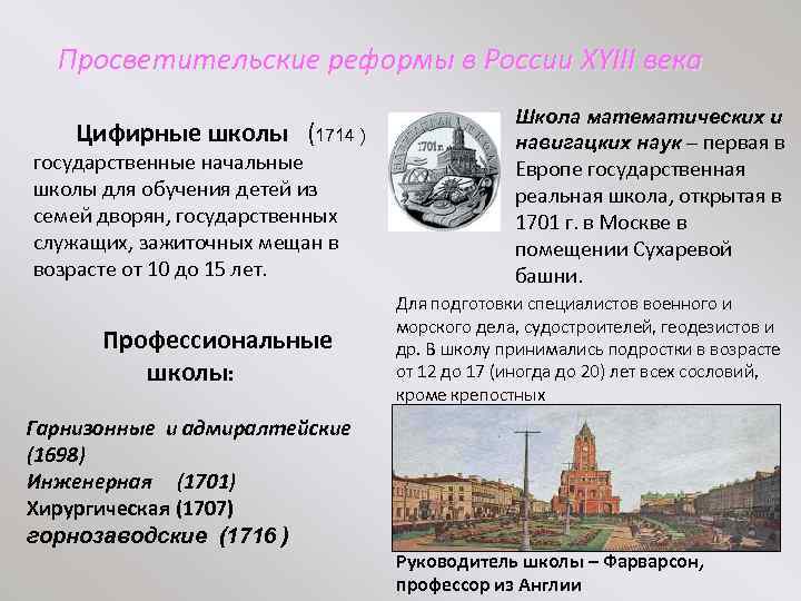Просветительские реформы в России XYIII века Цифирные школы (1714 ) государственные начальные школы для