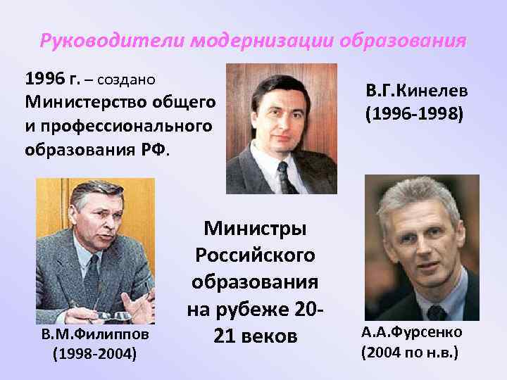 Руководители модернизации образования 1996 г. – создано Министерство общего и профессионального образования РФ. В.