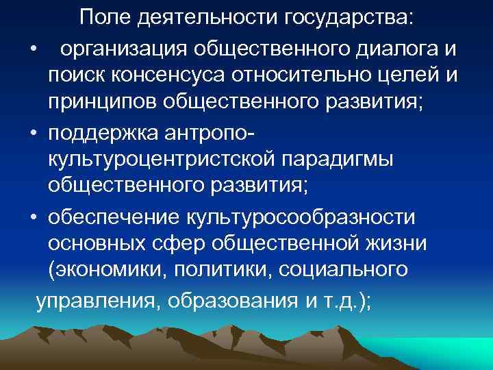 Поле деятельности государства: • организация общественного диалога и поиск консенсуса относительно целей и принципов