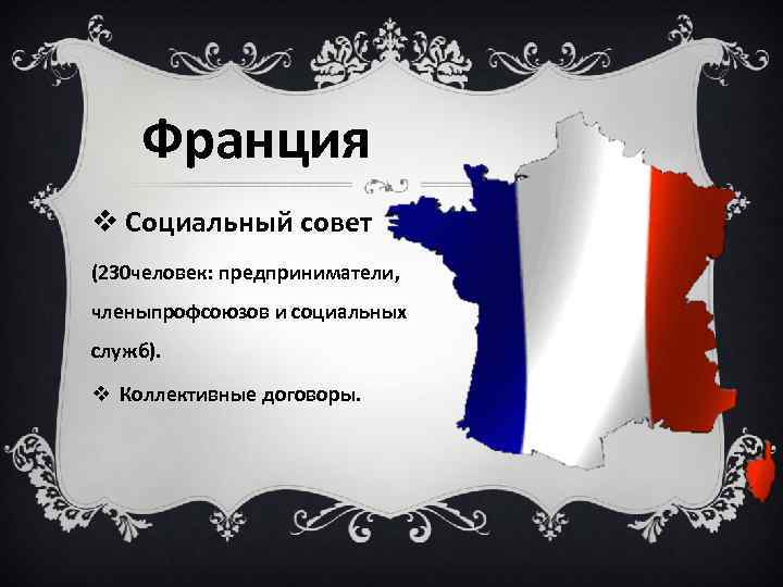 Франция v Социальный совет (230 человек: предприниматели, членыпрофсоюзов и социальных служб). v Коллективные договоры.
