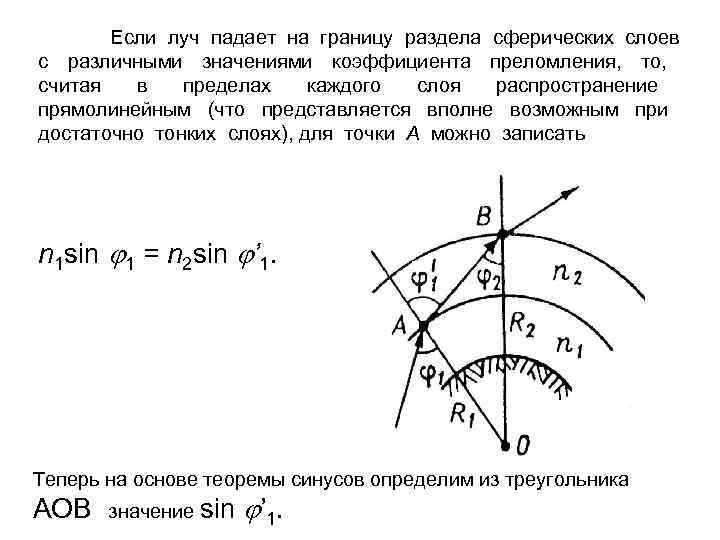 Если луч падает на границу раздела сферических слоев с различными значениями коэффициента преломления, то,