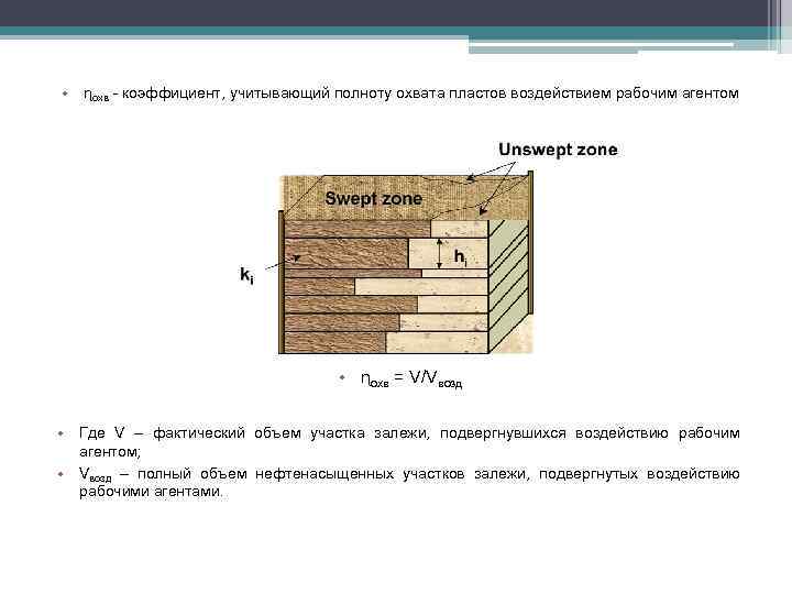  • ɳохв - коэффициент, учитывающий полноту охвата пластов воздействием рабочим агентом • ɳохв