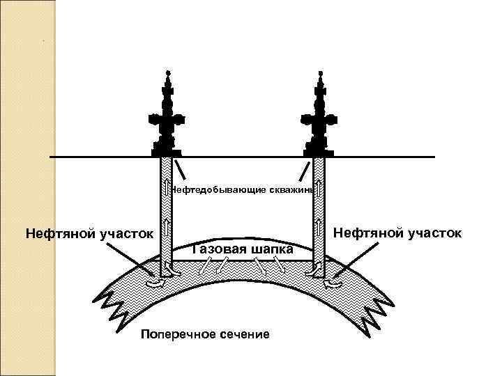 . Нефтедобывающие скважины Нефтяной участок Газовая шапка Поперечное сечение 