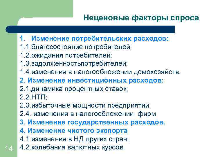 Неценовые факторы спроса 1. Изменение потребительских расходов: 1. 1. благосостояние потребителей; 1. 2. ожидания