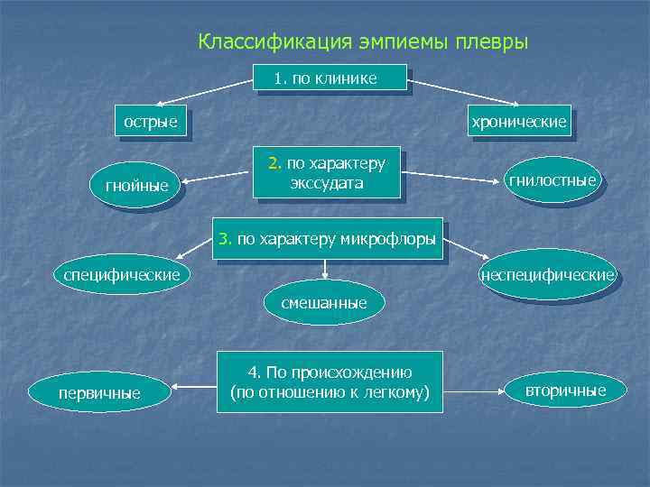 Классификация эмпиемы плевры 1. по клинике острые гнойные хронические 2. по характеру экссудата гнилостные