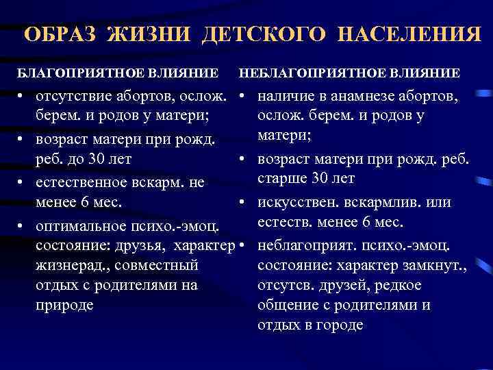 ОБРАЗ ЖИЗНИ ДЕТСКОГО НАСЕЛЕНИЯ БЛАГОПРИЯТНОЕ ВЛИЯНИЕ НЕБЛАГОПРИЯТНОЕ ВЛИЯНИЕ • отсутствие абортов, ослож. • берем.