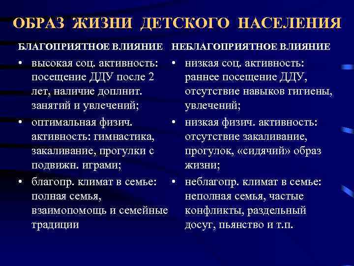 ОБРАЗ ЖИЗНИ ДЕТСКОГО НАСЕЛЕНИЯ БЛАГОПРИЯТНОЕ ВЛИЯНИЕ НЕБЛАГОПРИЯТНОЕ ВЛИЯНИЕ • высокая соц. активность: • низкая