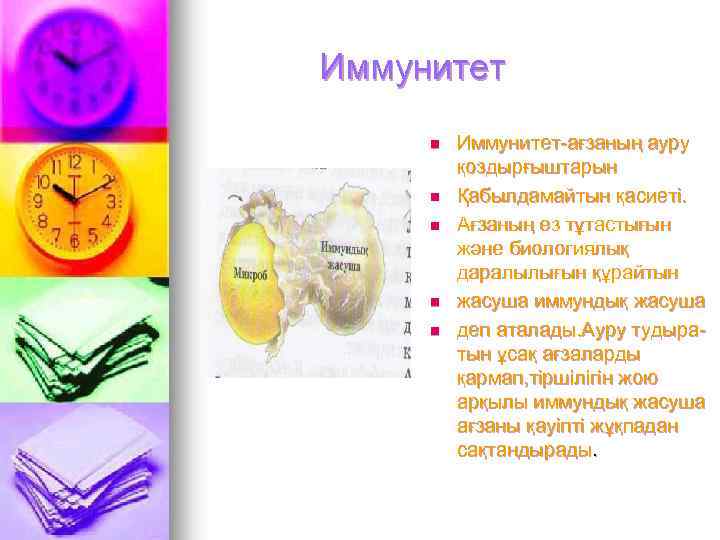 Иммунитет n n n Иммунитет-ағзаның ауру қоздырғыштарын Қабылдамайтын қасиеті. Ағзаның өз тұтастығын және биологиялық