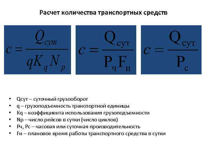 Расчет количества транспортных средств • • • Qсут – суточный грузооборот q – грузоподъемность
