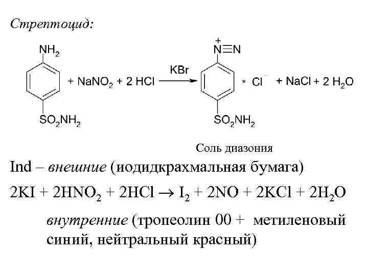 Стрептоцид: Соль диазония Ind – внешние (иодидкрахмальная бумага) 2 KI + 2 HNO 2