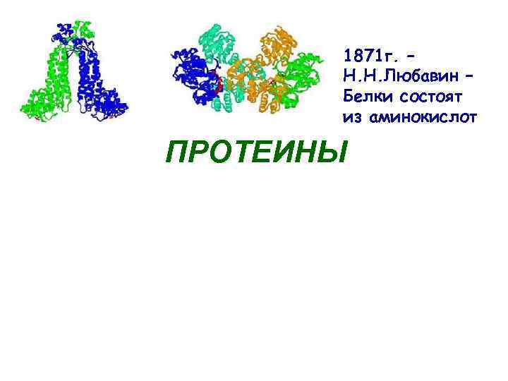 1871 г. – Н. Н. Любавин – Белки состоят из аминокислот ПРОТЕИНЫ H NН