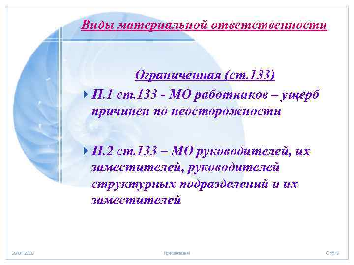 Виды материальной ответственности Ограниченная (ст. 133) 4 П. 1 ст. 133 - МО работников