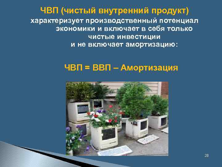 ЧВП (чистый внутренний продукт) характеризует производственный потенциал экономики и включает в себя только чистые