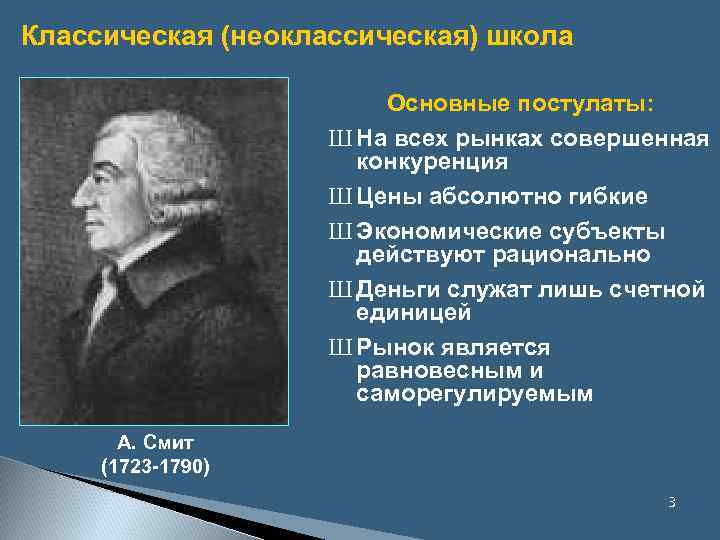 Классическая (неоклассическая) школа Основные постулаты: Ш На всех рынках совершенная конкуренция Ш Цены абсолютно