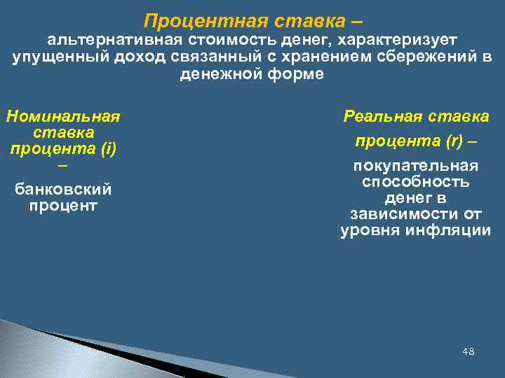 Процентная ставка – альтернативная стоимость денег, характеризует упущенный доход связанный с хранением сбережений в