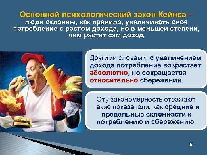 Основной психологический закон Кейнса – люди склонны, как правило, увеличивать свое потребление с ростом