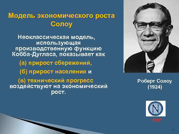 Модель экономического роста Солоу Неоклассическая модель, использующая производственную функцию Кобба-Дугласа, показывает как (а) прирост