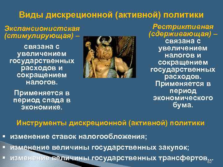 Виды дискреционной (активной) политики Экспансионистская (стимулирующая) – связана с увеличением государственных расходов и сокращением