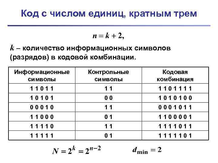 Код с числом единиц, кратным трем k – количество информационных символов (разрядов) в кодовой