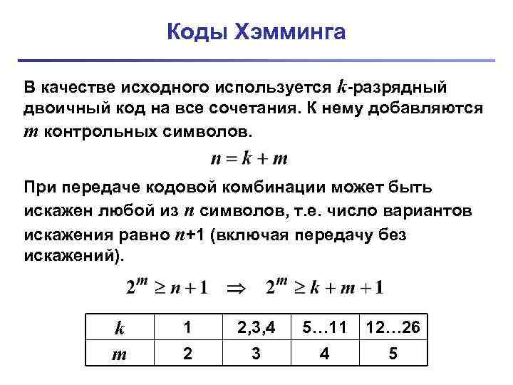 Коды Хэмминга В качестве исходного используется k-разрядный двоичный код на все сочетания. К нему