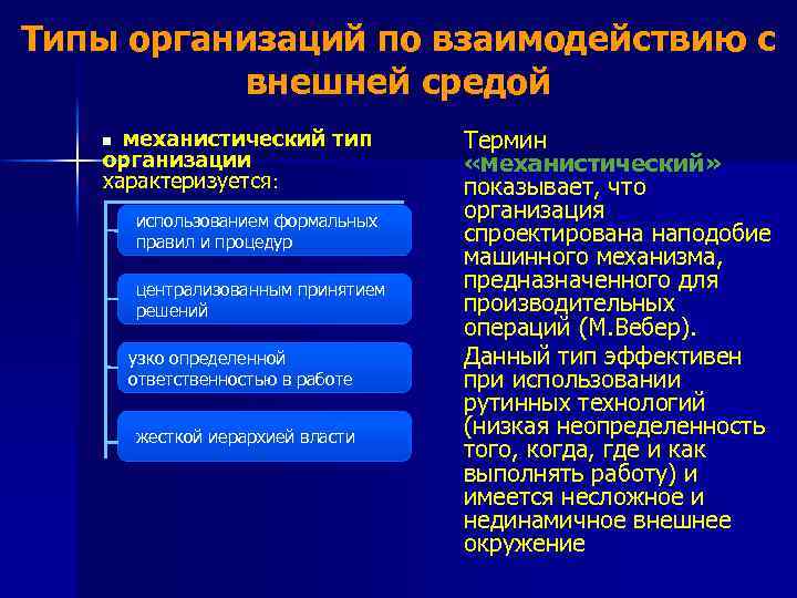 Типы организаций по взаимодействию с внешней средой механистический тип организации характеризуется: n использованием формальных