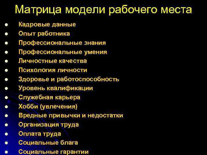 Матрица модели рабочего места l l l l Кадровые данные Опыт работника Профессиональные знания