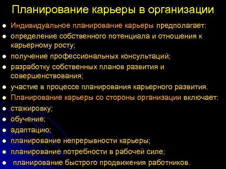 Планирование карьеры в организации l l l Индивидуальное планирование карьеры предполагает: определение собственного потенциала