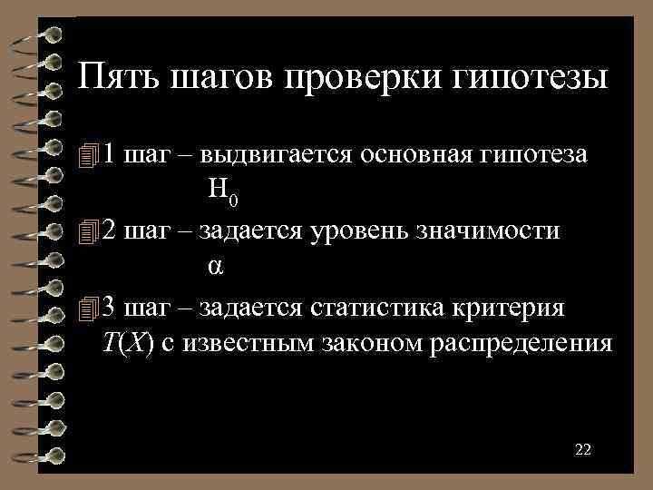 Пять шагов проверки гипотезы 1 шаг – выдвигается основная гипотеза H 0 2 шаг