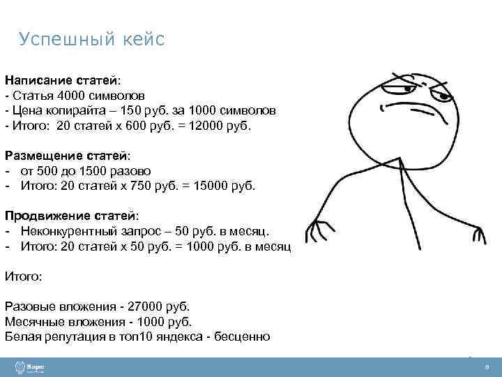 Успешный кейс Написание статей: - Статья 4000 символов - Цена копирайта – 150 руб.