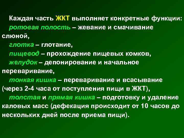 Каждая часть ЖКТ выполняет конкретные функции: ротовая полость – жевание и смачивание слюной, глотка