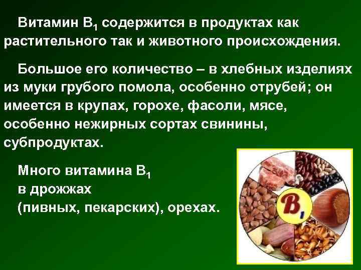 Витамин В 1 содержится в продуктах как растительного так и животного происхождения. Большое его