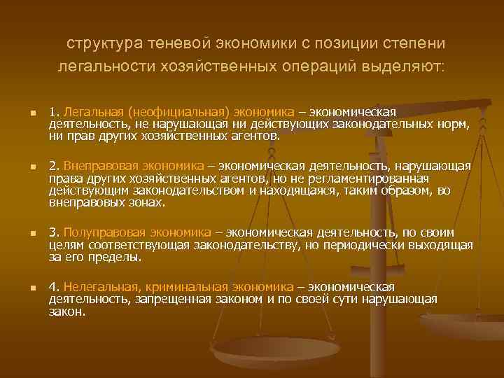 структура теневой экономики с позиции степени легальности хозяйственных операций выделяют: n n 1. Легальная