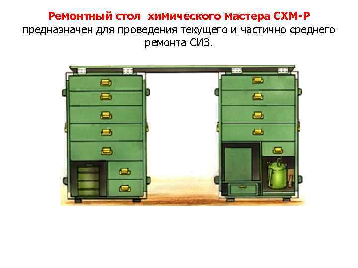 Ремонтный стол химического мастера СХМ-Р предназначен для проведения текущего и частично среднего ремонта СИЗ.