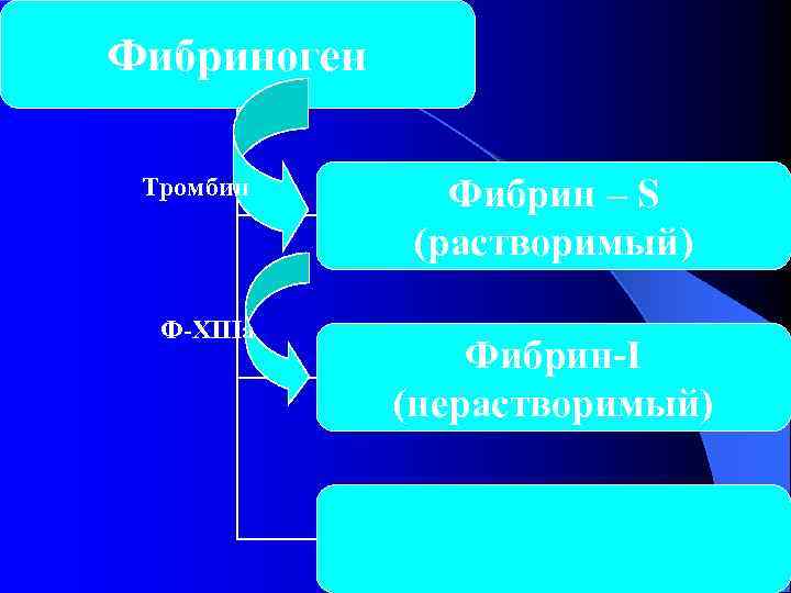 Фибриноген Тромбин Фибрин – S (растворимый) Ф-XIIIa Фибрин-I (нерастворимый) Фибриноген Тромбин Фибрин – S (растворимый) Ф-XIIIa Фибрин-I (нерастворимый)