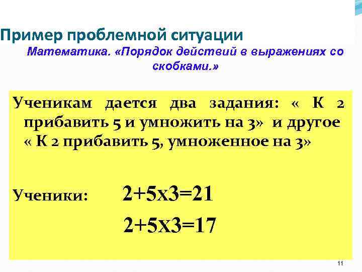 Пример проблемной ситуации Математика. «Порядок действий в выражениях со скобками. » Ученикам дается два
