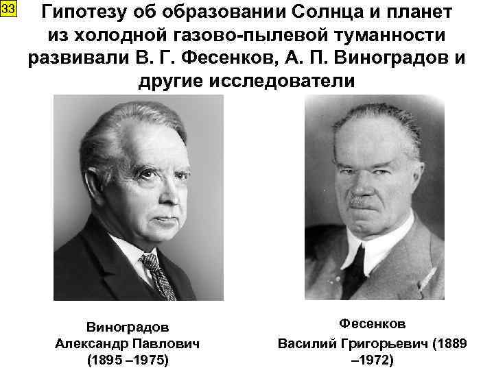 33 Гипотезу об образовании Солнца и планет из холодной газово-пылевой туманности развивали В. Г.