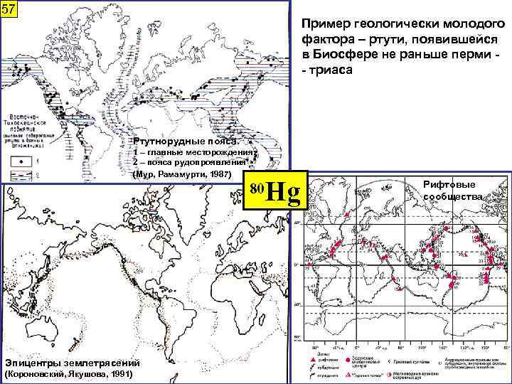 57 Пример геологически молодого фактора – ртути, появившейся в Биосфере не раньше перми -
