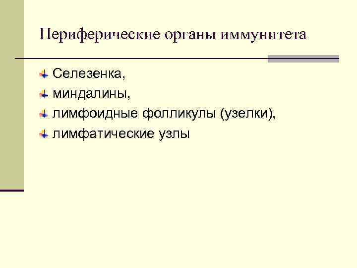 Периферические органы иммунитета Селезенка, миндалины, лимфоидные фолликулы (узелки), лимфатические узлы 