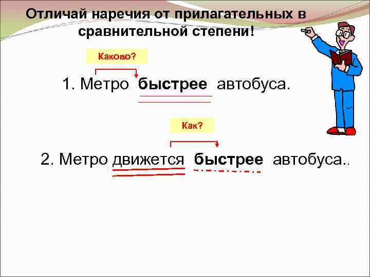 Отличай наречия от прилагательных в сравнительной степени! Каково? 1. Метро быстрее автобуса. Как? 2.