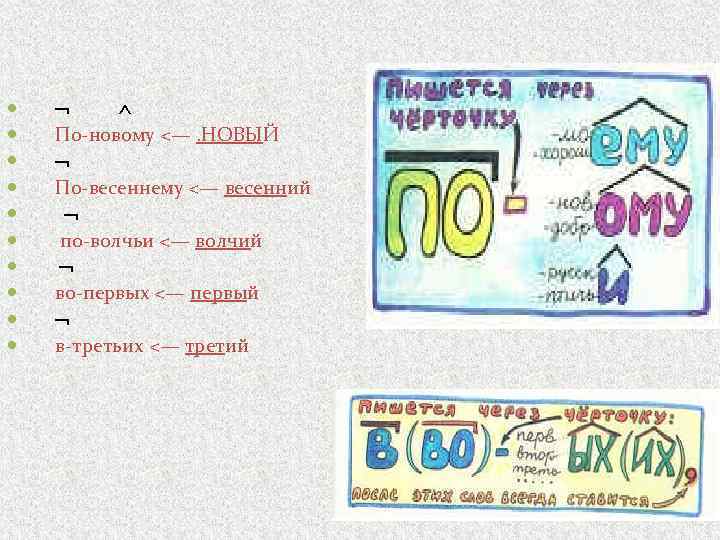  По-новому <—. НОВЫЙ По-весеннему <— весенний по-волчьи <— волчий во-первых <— первый в-третьих