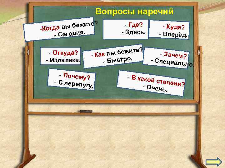 Вопросы наречий те? а вы бежи -Когд - Сегодня. - Откуда? - Издалека. -