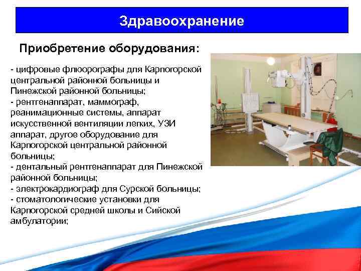 Здравоохранение Приобретение оборудования: - цифровые флюорографы для Карпогорской центральной районной больницы и Пинежской районной