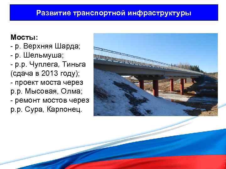 Развитие транспортной инфраструктуры Мосты: - р. Верхняя Шарда; - р. Шельмуша; - р. р.