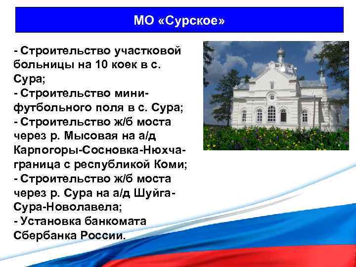 МО «Сурское» - Строительство участковой больницы на 10 коек в с. Сура; - Строительство