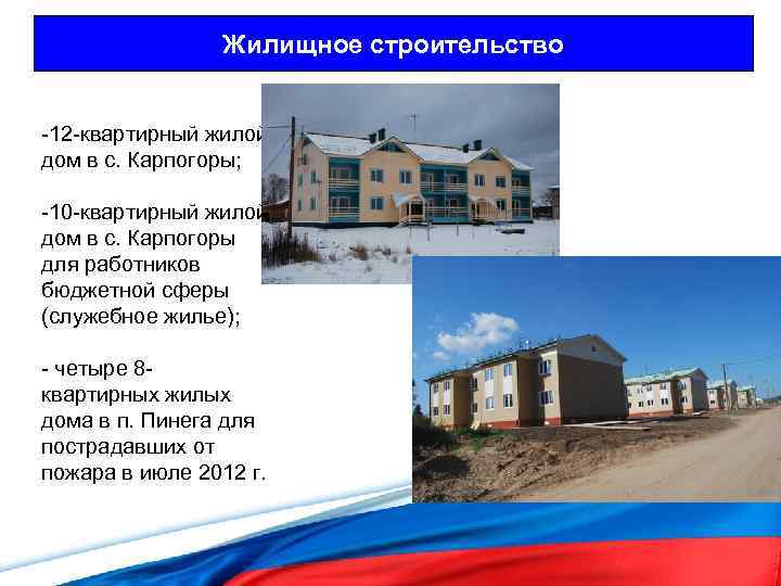 Жилищное строительство -12 -квартирный жилой дом в с. Карпогоры; -10 -квартирный жилой дом в