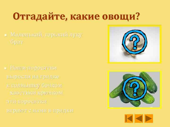 Отгадайте, какие овощи? n Маленький, горький луку брат Наши поросятки выросли на грядке к