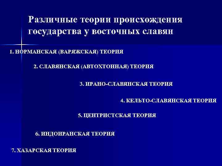 Различные теории происхождения государства у восточных славян 1. НОРМАНСКАЯ (ВАРЯЖСКАЯ) ТЕОРИЯ 2. СЛАВЯНСКАЯ (АВТОХТОННАЯ)