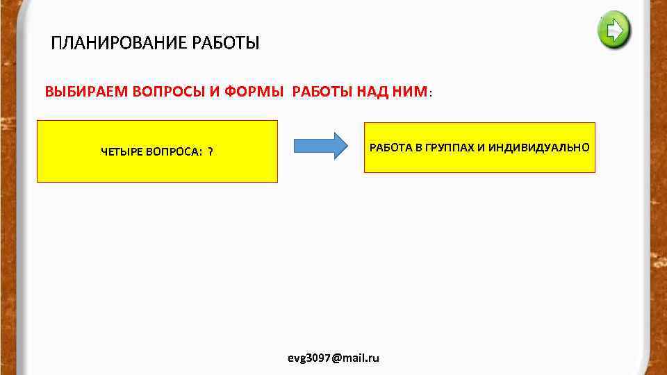 ПЛАНИРОВАНИЕ РАБОТЫ ВЫБИРАЕМ ВОПРОСЫ И ФОРМЫ РАБОТЫ НАД НИМ: ЧЕТЫРЕ ВОПРОСА: ? РАБОТА В