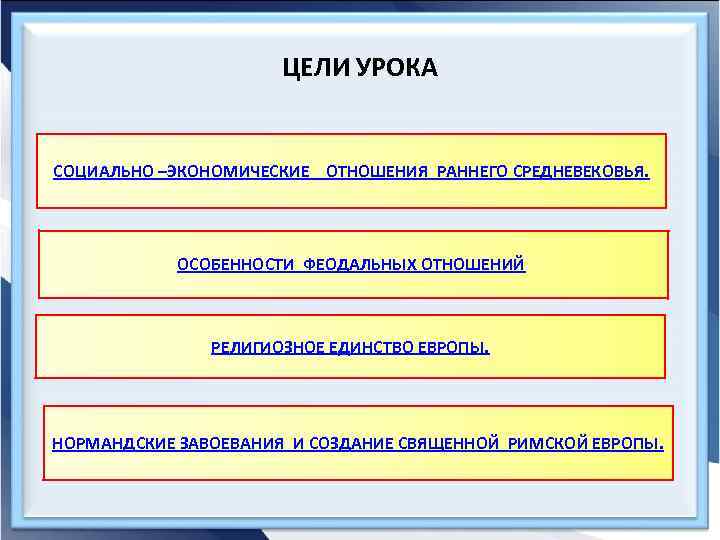 ЦЕЛИ УРОКА СОЦИАЛЬНО –ЭКОНОМИЧЕСКИЕ ОТНОШЕНИЯ РАННЕГО СРЕДНЕВЕКОВЬЯ. ОСОБЕННОСТИ ФЕОДАЛЬНЫХ ОТНОШЕНИЙ. РЕЛИГИОЗНОЕ ЕДИНСТВО ЕВРОПЫ. НОРМАНДСКИЕ