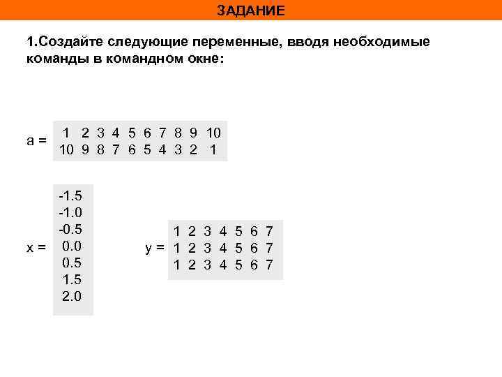 ЗАДАНИЕ 1. Создайте следующие переменные, вводя необходимые команды в командном окне: a= 1 2